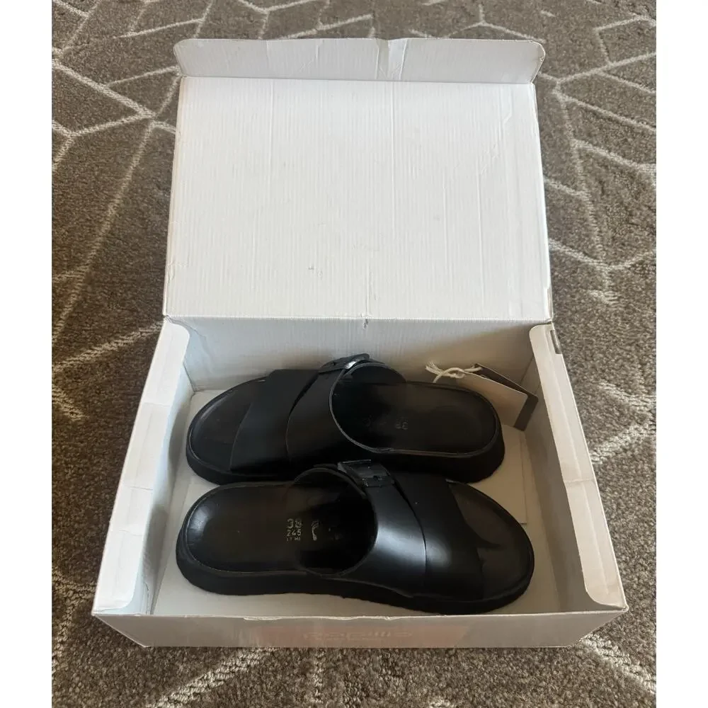 Papillio Birkenstocks Almina Black Leather Wedge Sandals Contoured Footbed 7 38